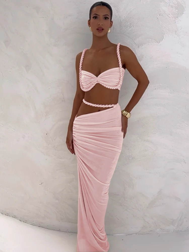Weird Puss Square Collar 2 Piece Set Women BraSkinny Long Skirts Bandage Ruched Summer Vacation Beach Party Trend Suits 260527BJ