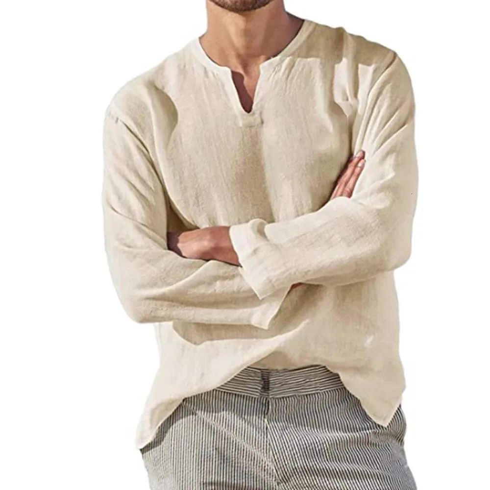 Mens Cotton Linen Shirt Cozy Solid Color Long Sleeve Breathable Tops V Neck Casual Blouse Hawaiian Shirt Lightweight Shirts 260528BJ