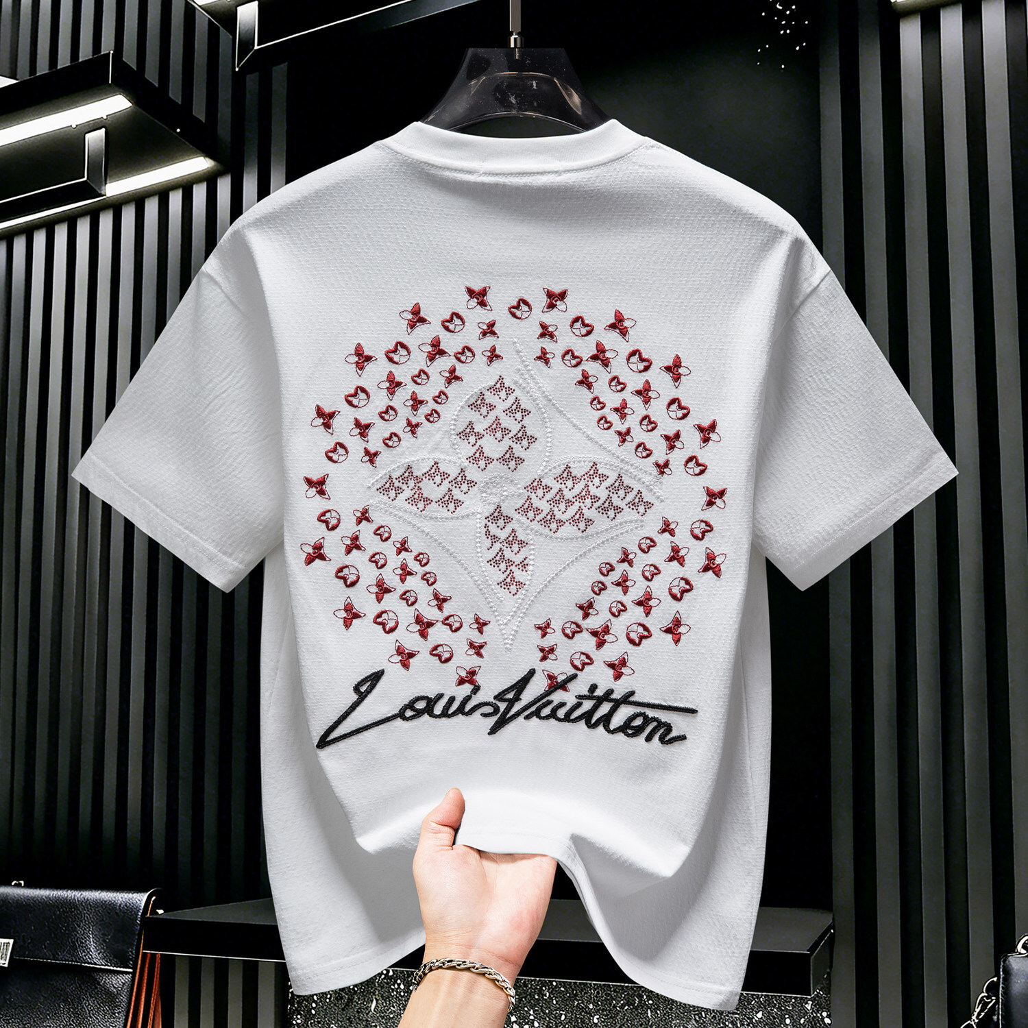Luxury Brand Designer 2026 Chic White Crew Neck Rhinestone Embroidered Breathable Cotton Short Sleeve T-Shirt Versatile Casual Summer for Daily Wear