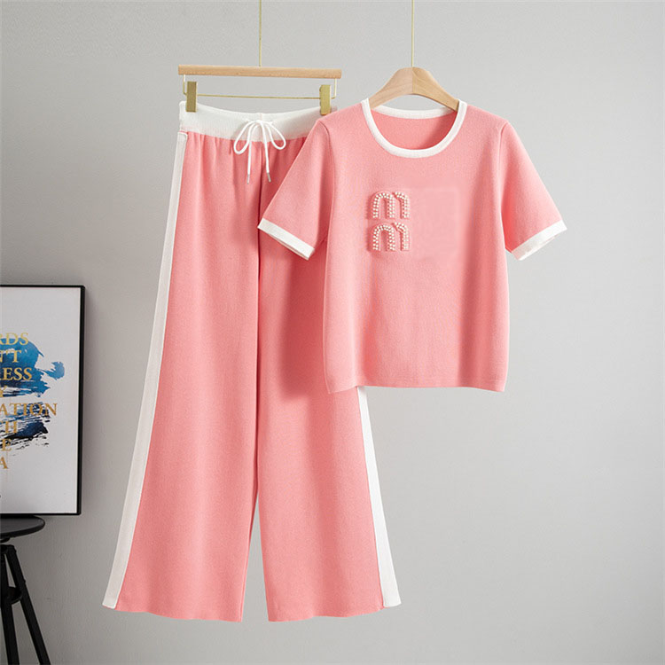 Lazy Fashion Suit Summer New Style Womens Short Sleeved Casual Sports Wide Leg Long Pants Two-Piece Set Trendy Pant Sets-image-1107997468
