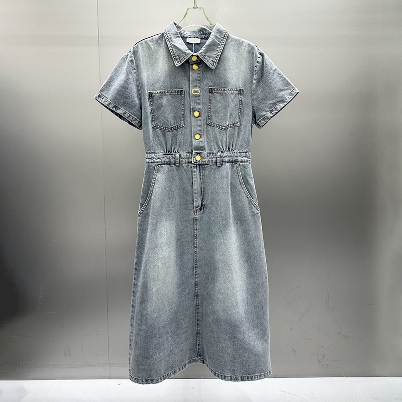 Robe chemise en jean Vintage pour femme de luxe, taille haute, ligne A, mi-longue, tenue d'été pour les déplacements quotidiens