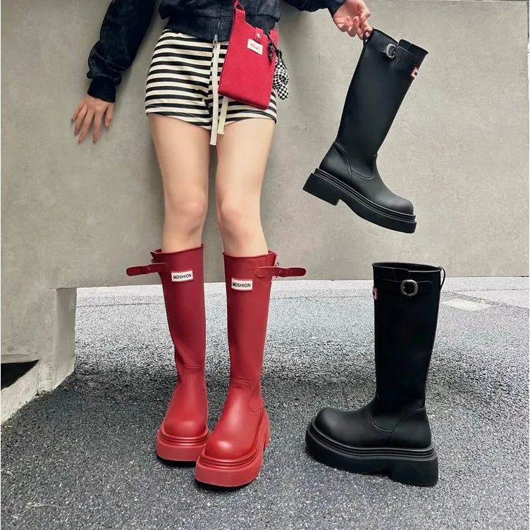 Womens red rain boots thicksoled abovetheknee perfect for outdoor camping 260528
