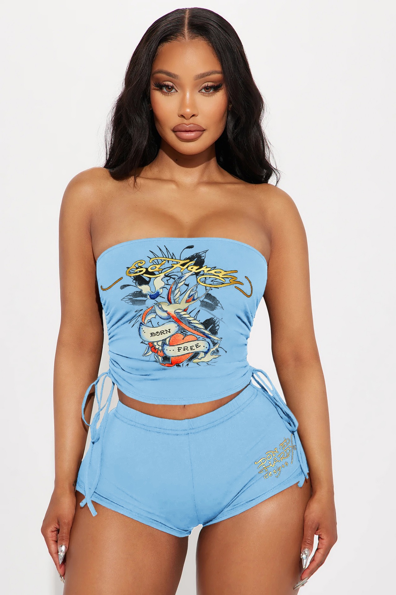 Ed Hardies ensemble Designer 2 Pièces Ensemble Femmes Y2K Sexy Tube Top Cordon Short Vintage Tatouage Imprimé Streetwear Tenue D'été Décontracté
