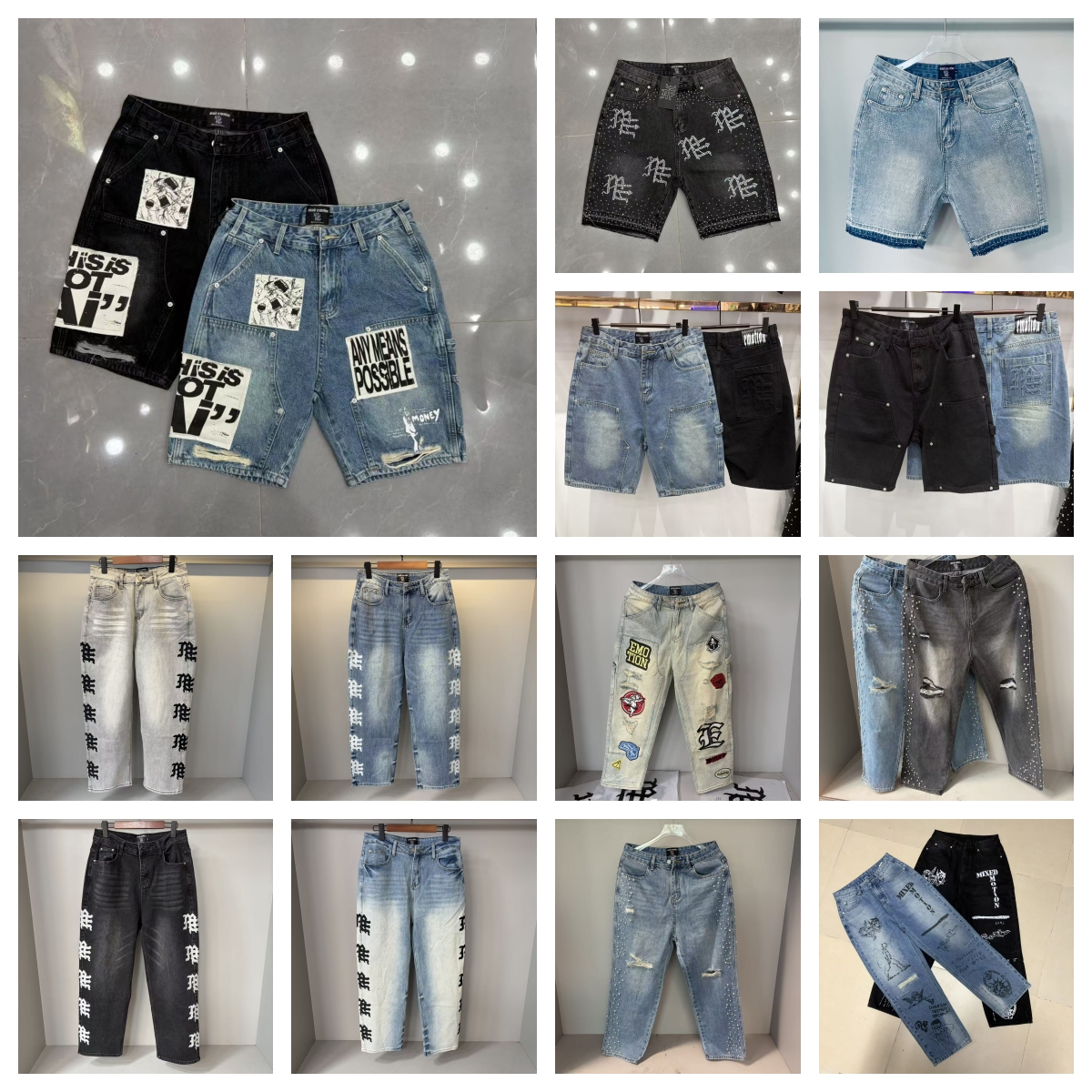 mixed emotion jeans Designer Hot sell High Street Washed Vintage Rhinestone Loose Straight Casual for Men and women