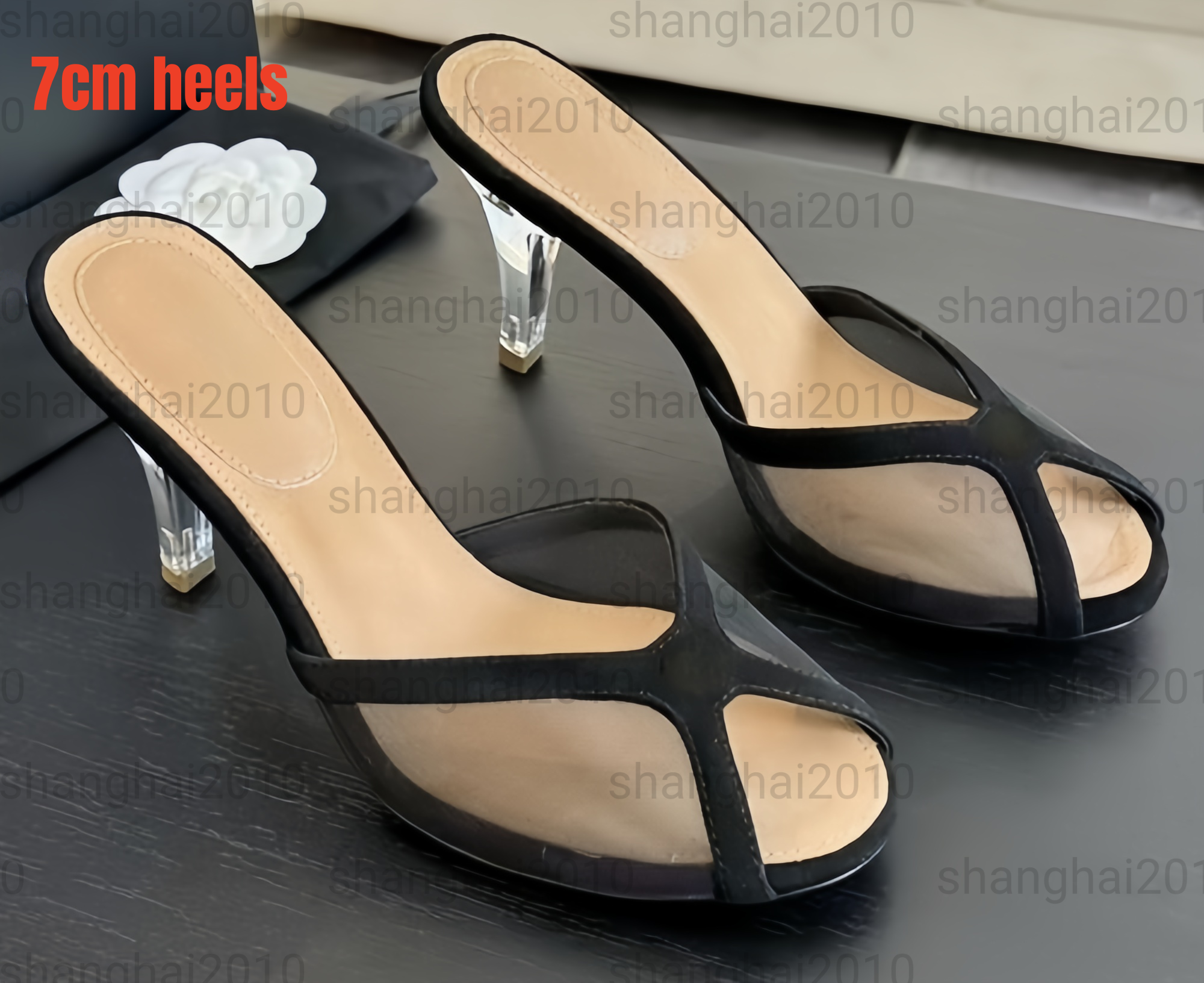 (commander par image, pas par description) Sandales à talons de 7 cm pour femmes, pantoufles élégantes en maille, chaussures à talons avec jantes