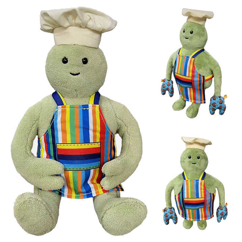 Green Fish Chef Plush Toy, Standing Stuffed Plush Doll Animal Figure - 28 cm, PP Cotton Filled, DIY Pretend Kitchen Role Play for Kids, 110 g