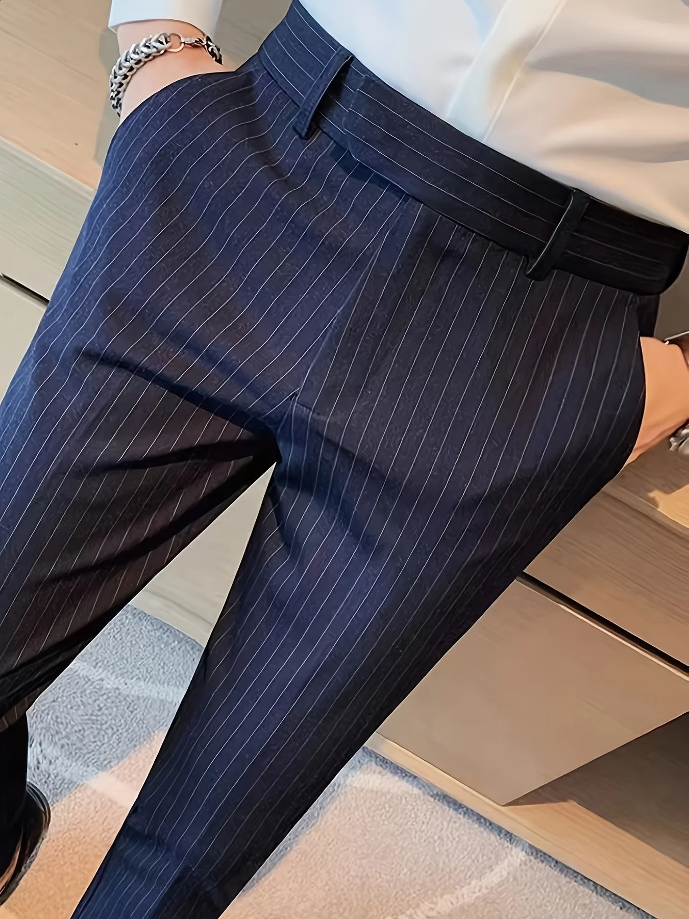 Blue Striped Business Casual Pants Spring Autumn Long Trousers for Men 260521 d3