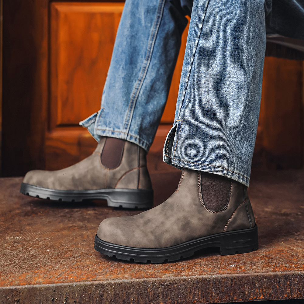 Mens Grey Leather Chelsea Boots Elastic Side Fashion Gifts Panels For Smart Casual Daily Office Wear