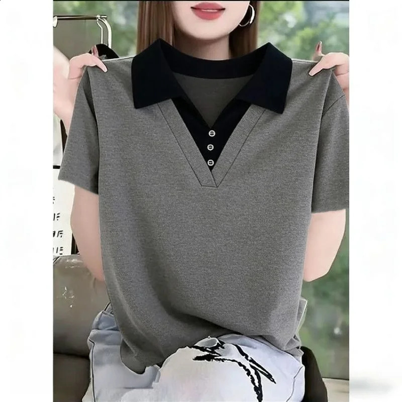Summer 2026 Womens Loose Fit Cotton Polo Neck Short Sleeve T-Shirt Fashionable Color Block Casual Comfortable Versatile Top 260528BJ