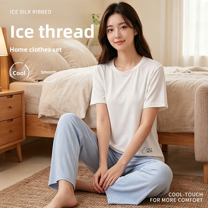 Women's summer ice silk pajama set, loose short-sleeved T-shirt for outerwear, casual long pants, plus-size home wear two-piece set-image-1108199275