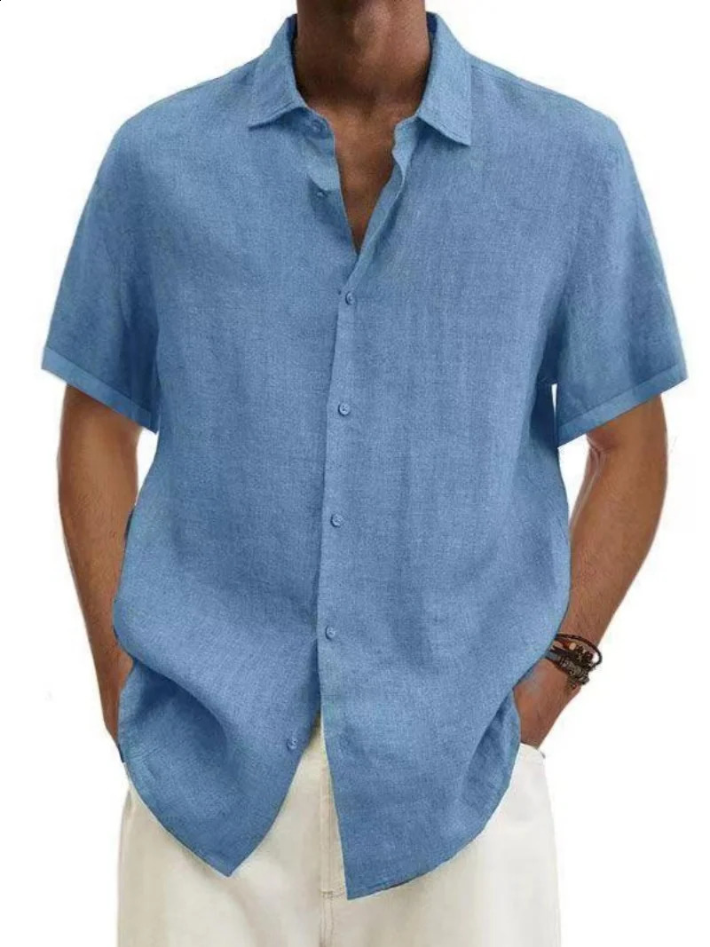 Mens Short Sleeve Linen Button Down Shirt with Classic Collar and Relaxed Fit for Summer Casual Wear 260528BJ