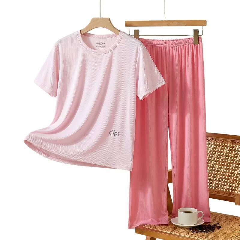 Women's summer ice silk pajama set, loose short-sleeved T-shirt casual long pants-image-1109165016