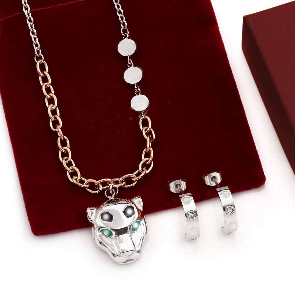 Luxury Gold Plated Panther Head Pendant Necklace & Hoop Earrings Set High End Designer Inspired Jewelry Set for Women-image-1108189648