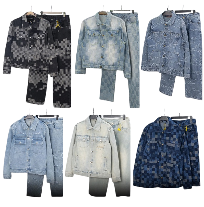 Designer Men's Baggy Jeans Embroidery Denim Jacket Straight Leg Plaid Jeans Set Vintage Luxury Washed Denim Pants Men