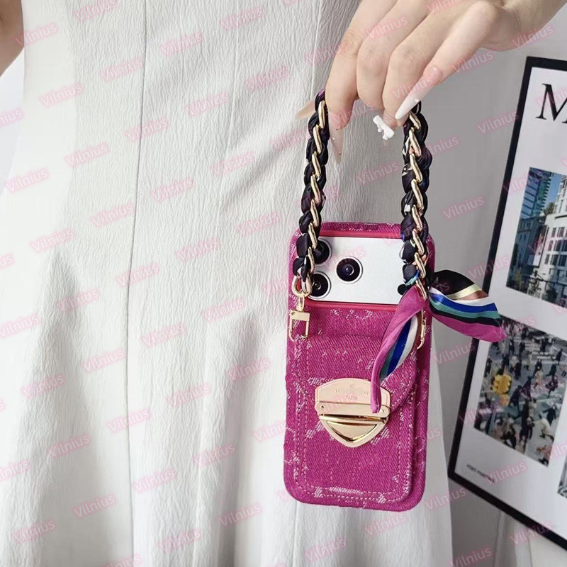 Luxury Denim Card Holder Phone Case For iPhone 17 16 15 14 13 Pro Max Rose Pink Jean Fabric Wallet Cover With Chain Wristband Fashion Monogram De