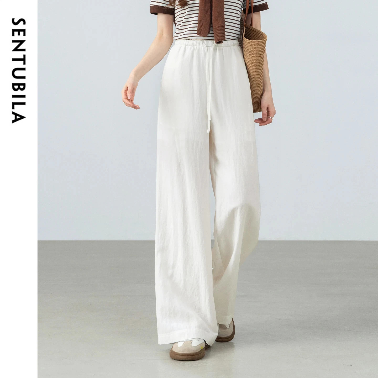 SENTUBILA Womens White Minimalist Wide Leg Pants 2026 Summer Drawstring Waist Casual Loose Fit Straight Trousers 162KA5927 260528BJ