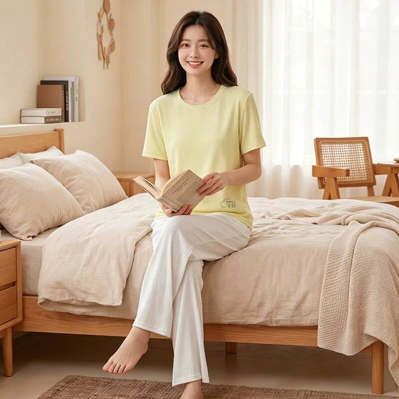 Women's summer ice silk pajama set, loose short-sleeved T-shirt for outerwear, casual long pants-image-1108200416