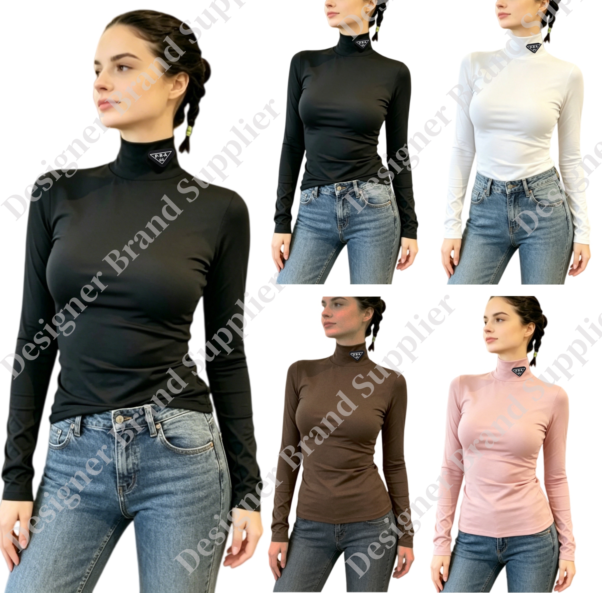 Gg-PRA Fashion Designer Womens Long Sleeve Blouses Shirts Tops Women Blusas Sexy Slim Turtleneck Knitted Blouse Black and white Stretch T-shirt B-image-767649592