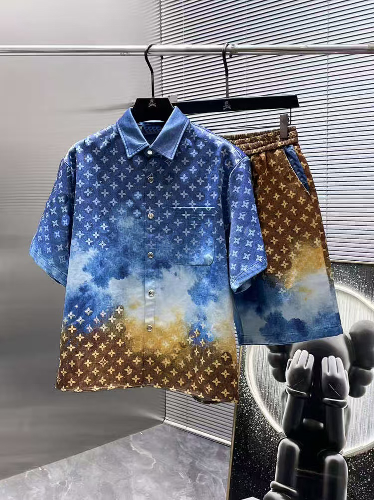 Designer sports suit high luxury summer men's and women's denim shirt set color blocked cardigan sweater shirt casual short sleeved shorts