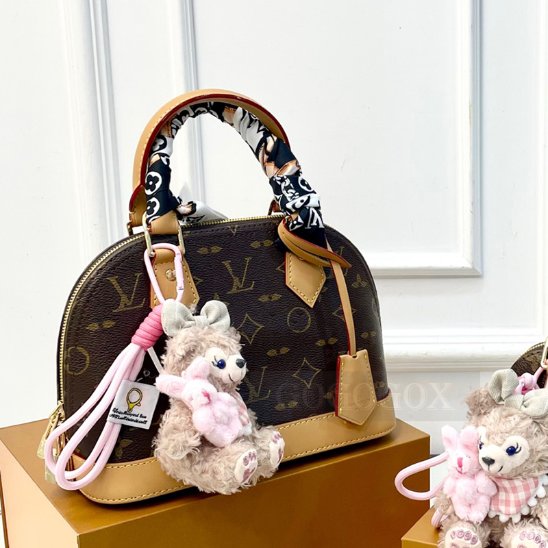 High Quality Monogram Print Shell Crossbody Bag - Brown Leather Trim Top Handle Purse,Shell Handbag Crossbody Bag Luxury Gold Hardware Women's