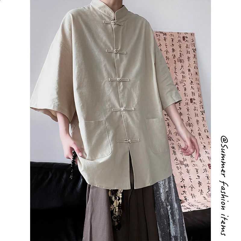 M-5XL Plus Size Mens Casual Kung Fu Shirt Short Sleeve Mandarin Collar Frog Button Loose Retro Summer Clothing Plain Color Top 260528BJ