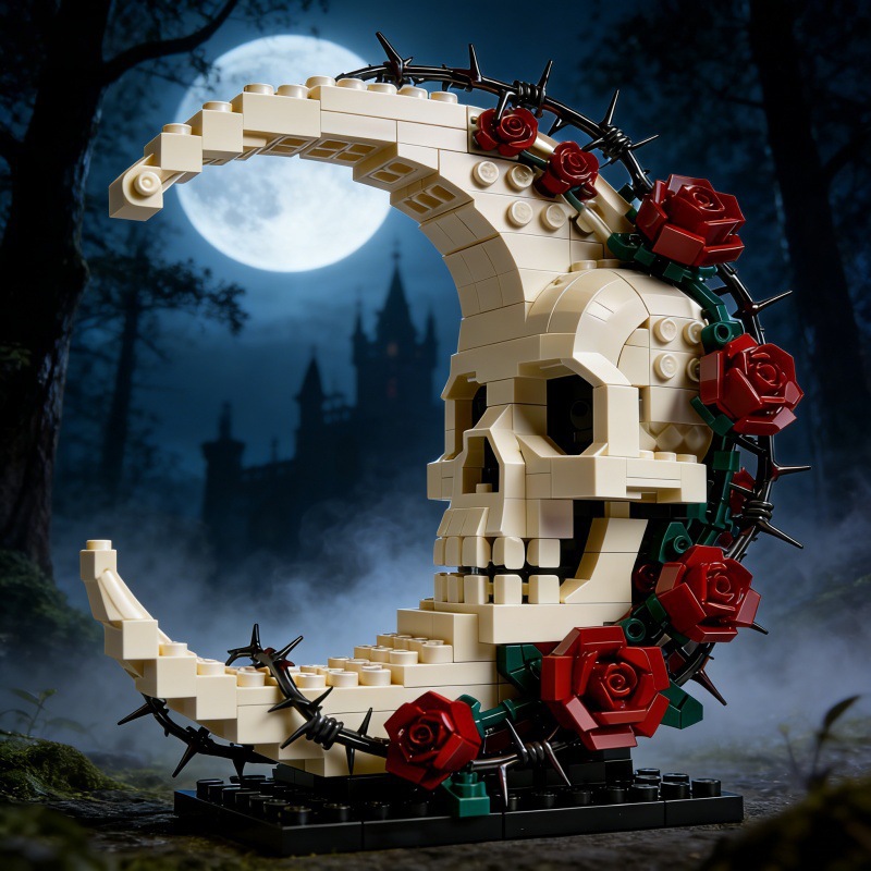 Dark Style Skull Rose Blocks Decorative Ornament-image-1108141378