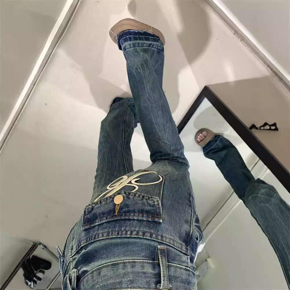 Vintage Blue Embroidered Bell-Bottom Jeans, American High Street Style, Stretchy, Slightly Flared, Unisex, High-Waisted, Slimming, Long Pants For Sp