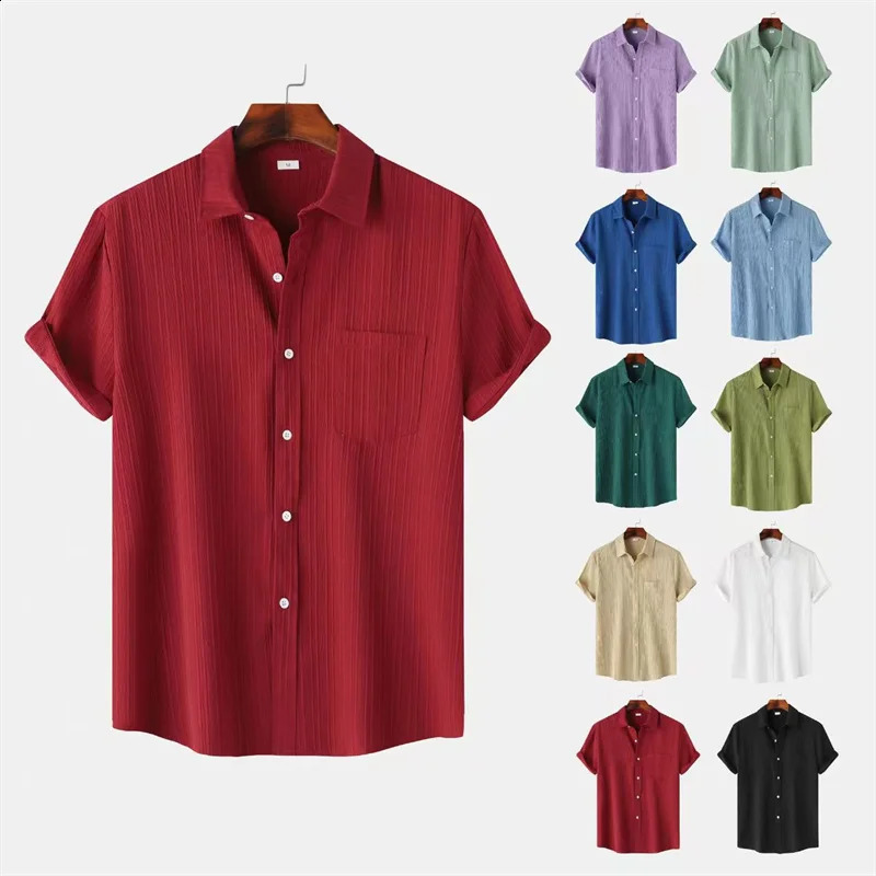 9 Color Mens Solid Striped Shirt Summer Fashion Short Sleeve Flap Top Men Casual Holiday Everyday Men 260528BJ