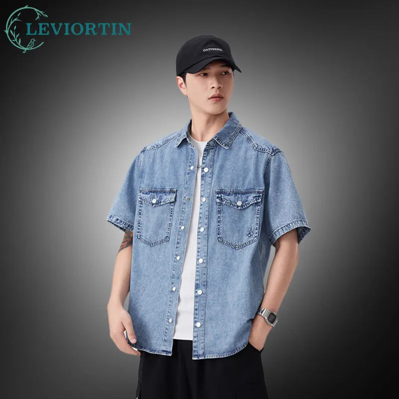Mens Summer Snow-Washed Pure Cotton Denim Short Sleeve Shirt Vintage Breathable Comfortable Lightweight Casual Workwear Shirt 260528BJ