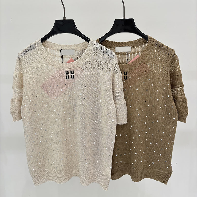 T-shirt tricoté ample de styliste pour femmes, élégant, strass, Vintage, pulls tricotés, été, ajouré, fin tricoté