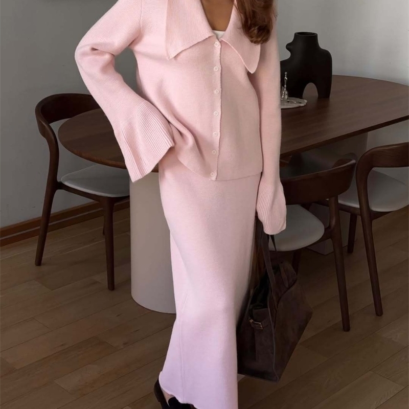 Hirsionsan Sexy Soft Elegant Vintage Women Suits 2 Pieces Female Sets Polo Neck Cardigan Sweater Midi Dress Knitted TrackSuit 260528BJ