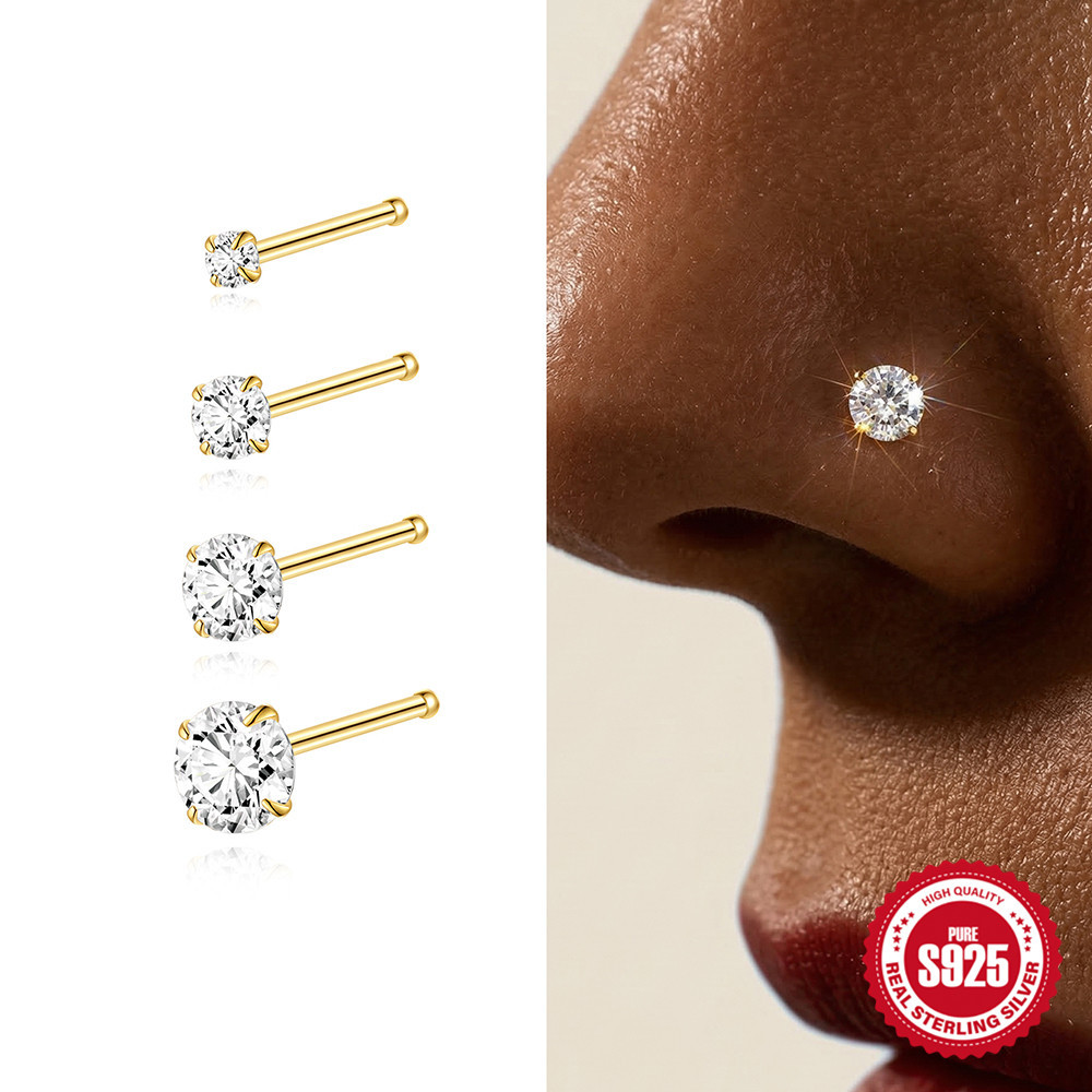Pure 100% S925 Sterling Silver Nose Stud Rings Gold Plated Round Clear 5A Zircon Nose Piercing Jewelry for Women Daily Wear 2mm/3mm/4mm/5mm