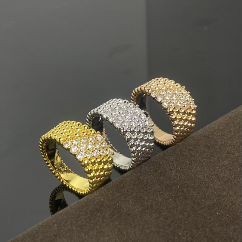 Bague en zircone cubique pavée de style Perlee pour femmes, inspirée du VCA, argent plaqué or rose, bord perlé, large bande, bijoux élégants à po