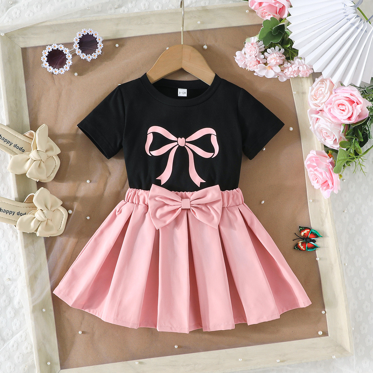 Baby Girl Clothes Girls' New Sweet Summer Bow Print Short Sleeves T-shirts Tops + Pink Pleated Skirt Western Style Wear Two Piece Set Kids S-image-1108296712