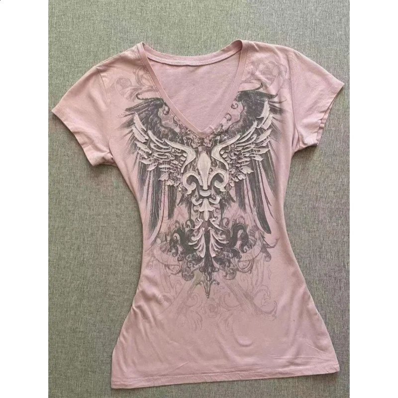American Street tie T-shirt Vintage V-neck Tshirt 2000s Y2K Aesthetic Graphic Printed Tees Womens Punk Chic Tops Ropa Mujer 260527BJ