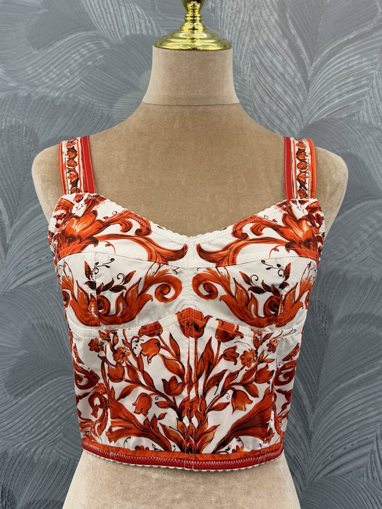 100% Cotton Camisole Sexy Women Beach Holiday Orange Porcelain Flower Print Spaghetti Strap Laptops Lady High Street Tops