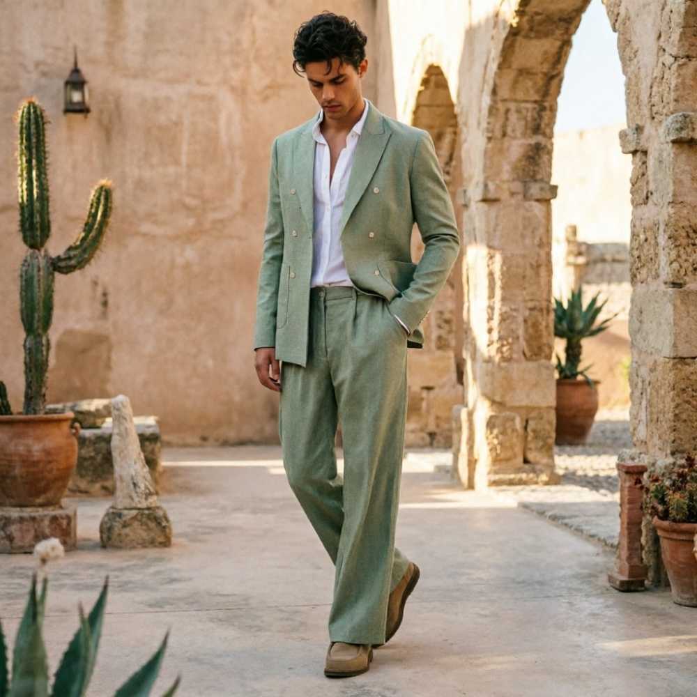 Sage Green Linen Men Suits Relaxed Double Breasted 2 Pieces Breathable Wedding Guest Outfit Blazer Pants Set Summer Formal Wear H260530