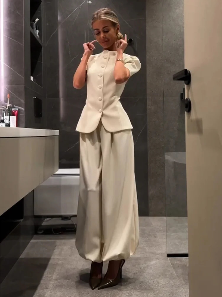 Womens Frog Button Puff Sleeve Shirt Trousers Set O-neck Leg-binding Lantern Pants Suits Lady 2026 Spring Summer Female Outfits 260530BJ
