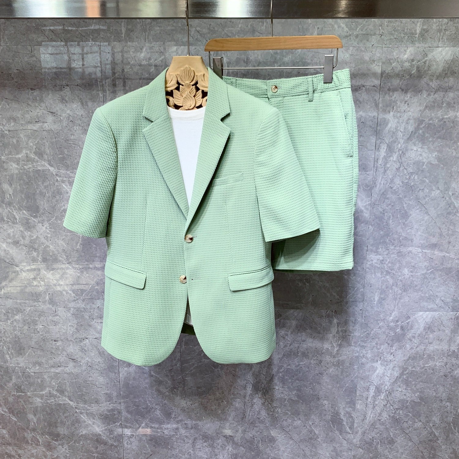 Style coréen hommes à manches courtes costumes vestes et Shorts mâle Simple solide tissu pied-de-poule confortable Slim Fit deux pièces ensembles