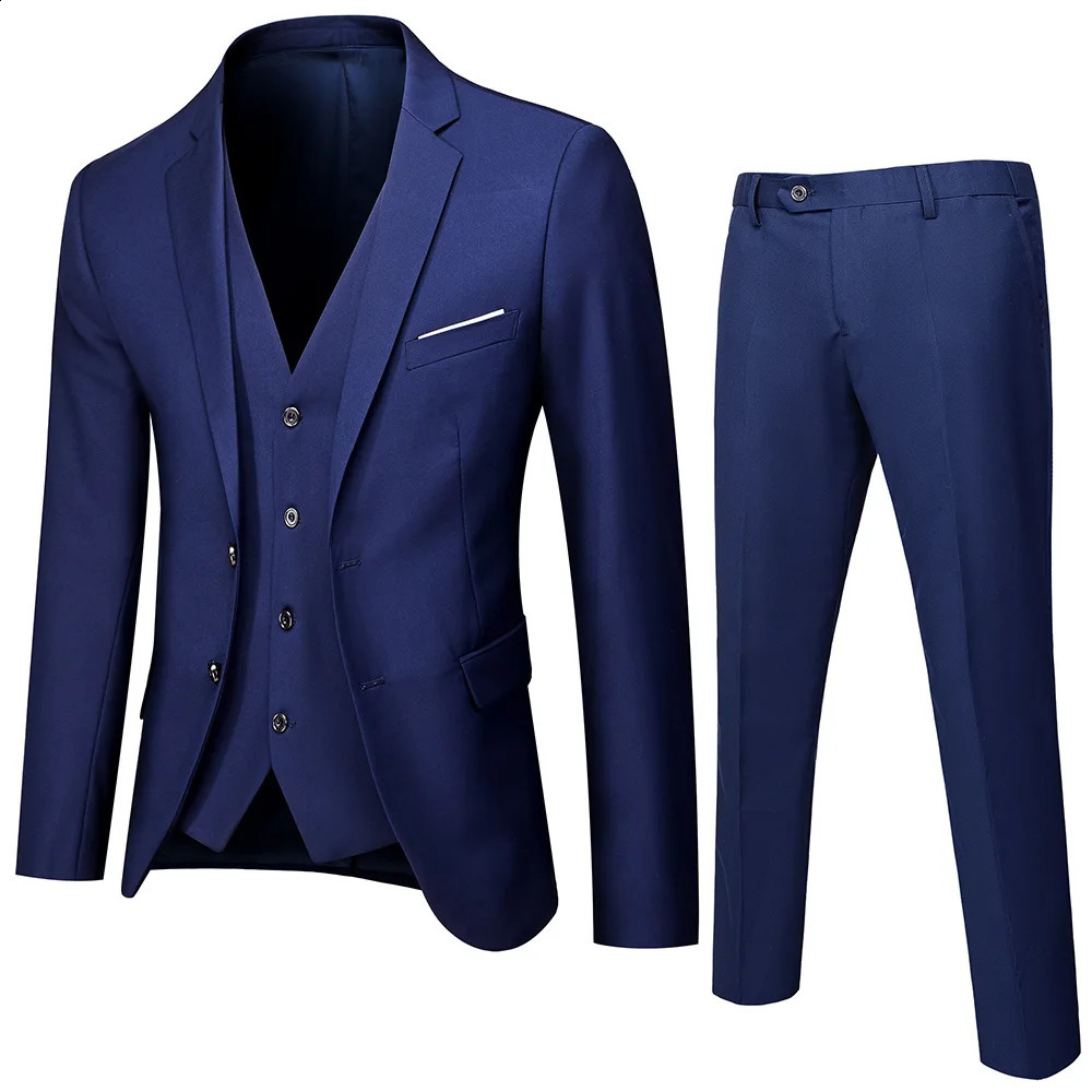 Three Piece Sets Men Turn Down Collar Cardigan Full Sleeve Solid Wedding Gown Blazer Suits Button Pants Smart Casual 260530BJ