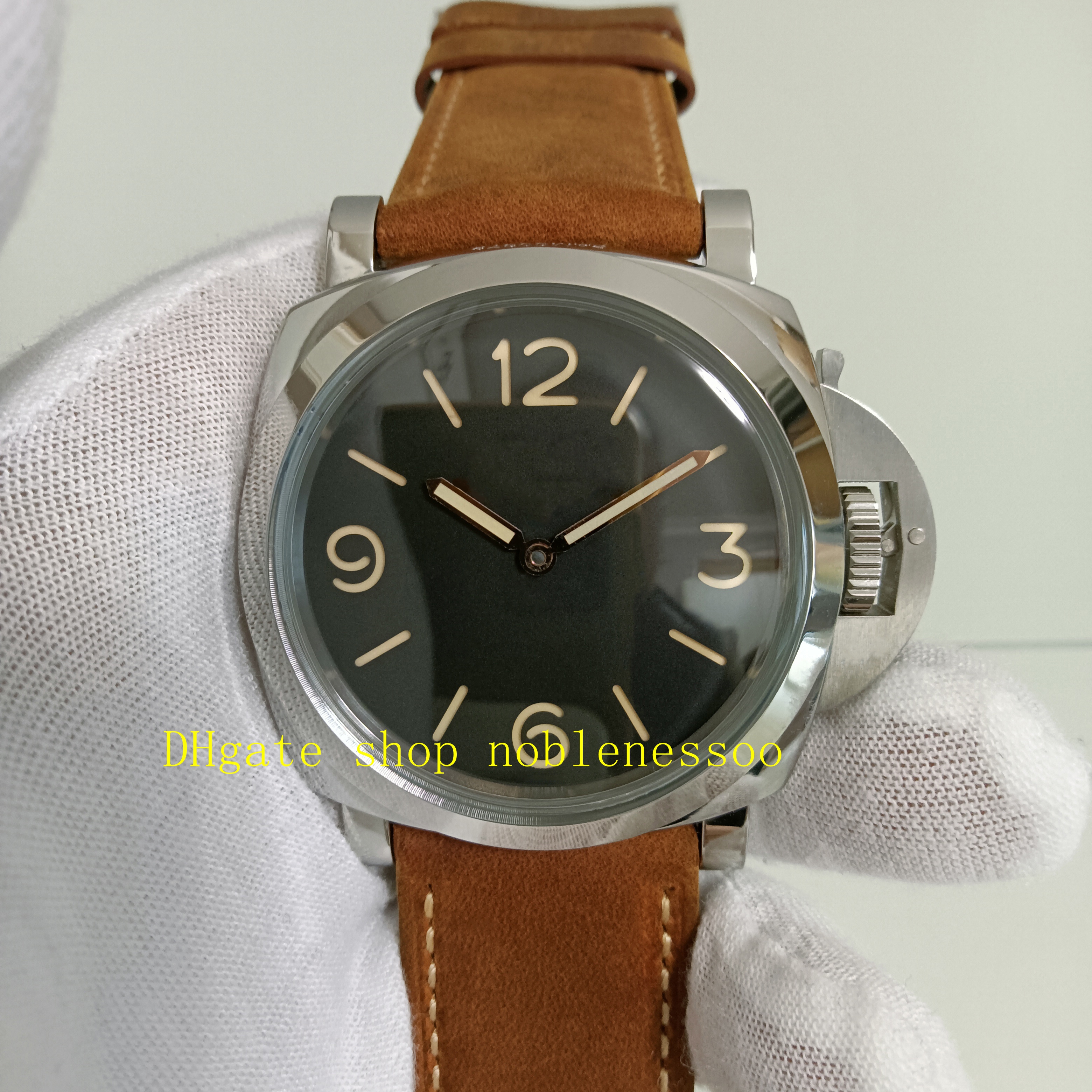 Real Photo Super Mens Automatic Watch Men 47mm 00372 Black Dial Steel 1950 3 Days 372 Transparent Back Asia Cal.P.3000 Movement Leather Band Sport W