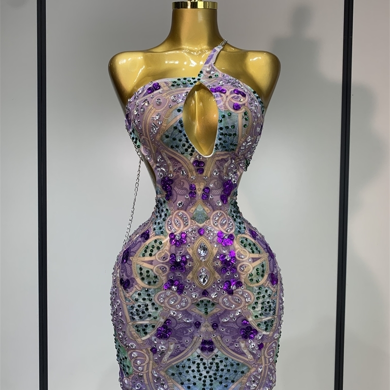 Sprakly Rhinestones Women Sexy Mesh See Through Hollow Out Mini Dress Birthday Po Shoot Performance Costume 260529