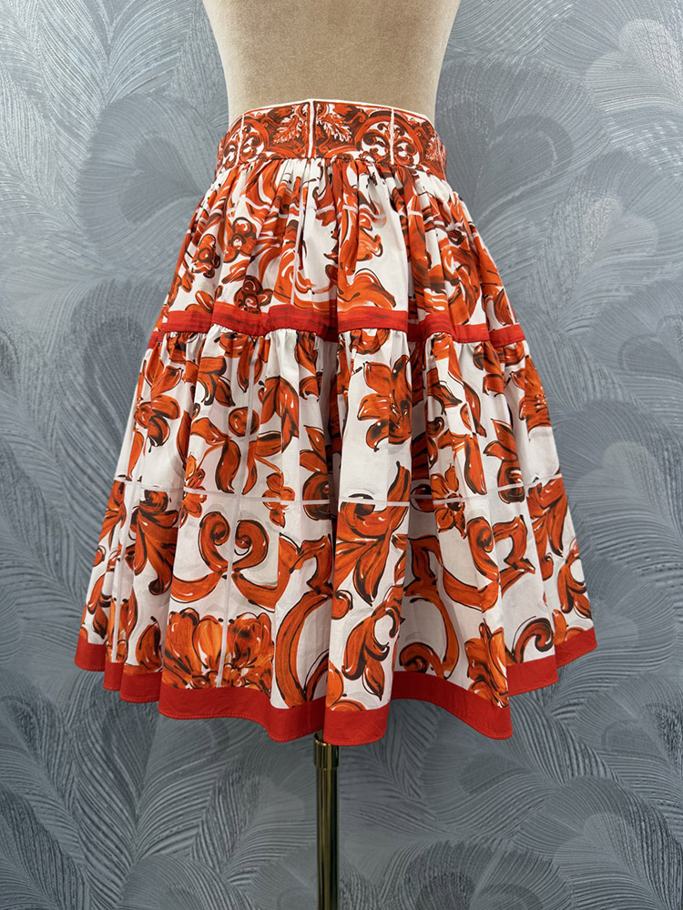 100% Cotton Women Summer Skirt Fashion Orange Porcelain Printing Empire Half Dress Above Knee Expansion Sweet Girl