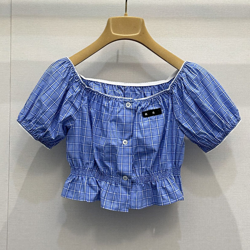 Luxury Slash Neck Checked Crop t Shirt y2k Women Short Sleeve Top Summer Vacation Preppy Style Dresses-image-973448434