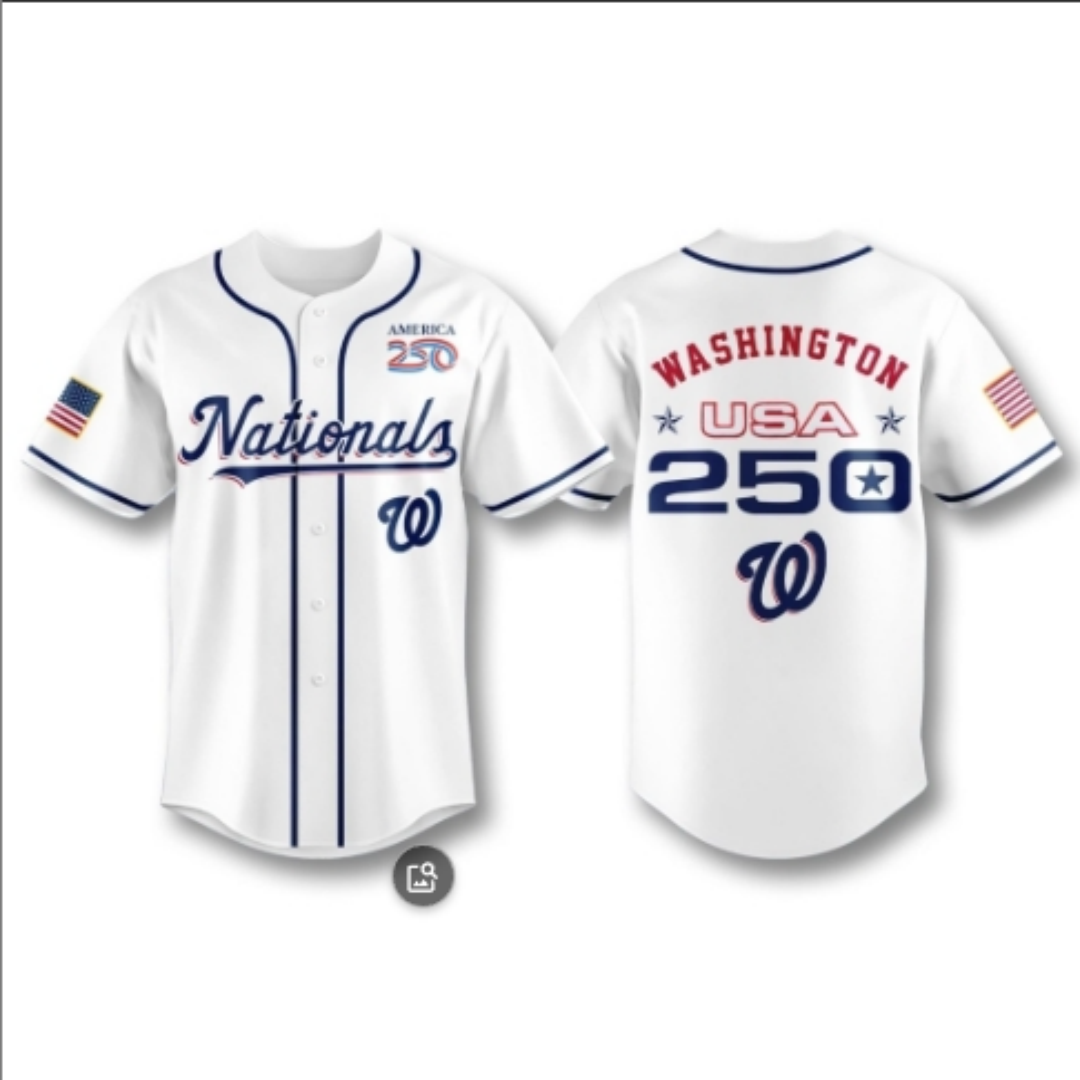 WashingtonS NationalsS USA 250e anniversaire Maillot de baseball blanc décontracté à manches courtes boutonné pour hommes et femmes fans