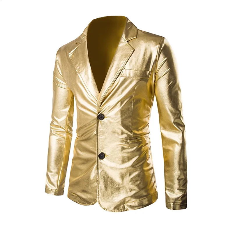 Stamping Glossy Casual Suit for Men Slim Fit 2 Piece Solid Shiny Party Gold Silver Black Suit for Men Blazer Jacket Pants 260530BJ