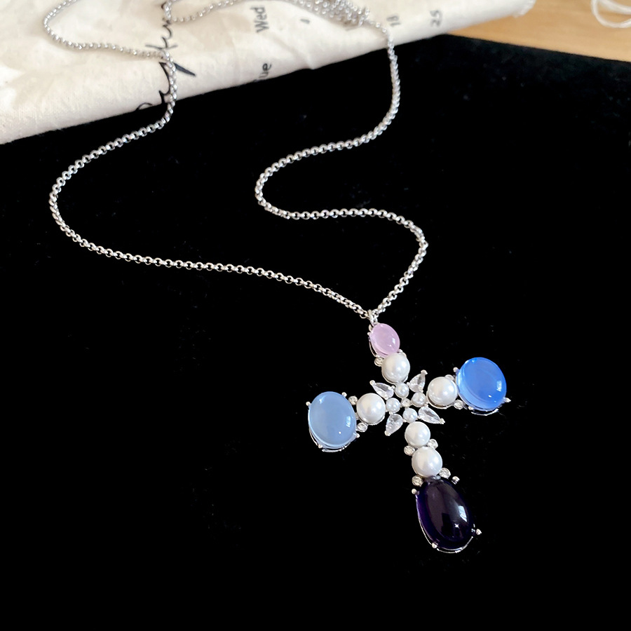 European American cross-border zircon cross pearl necklace, simple and stylish ins-style collarbone chain, high-end sweater chain for women-image-1108335521