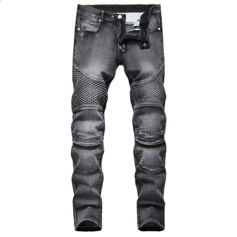 Mens Casual Motorcycle Jeans Hip Hop Street Riding Stretch Slim Fit Straight Pants Patchwork Fashion Denim Trousers Male 260530BJ