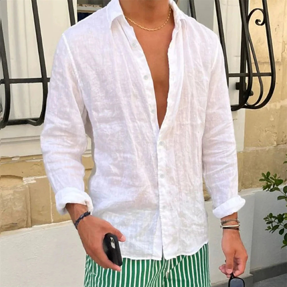 Spring Autumn Mens Cotton Linen Shirt Casual Long Sleeve Solid Color Slim Fit Lapel Basic Style Breathable Button Tops 260528BJ