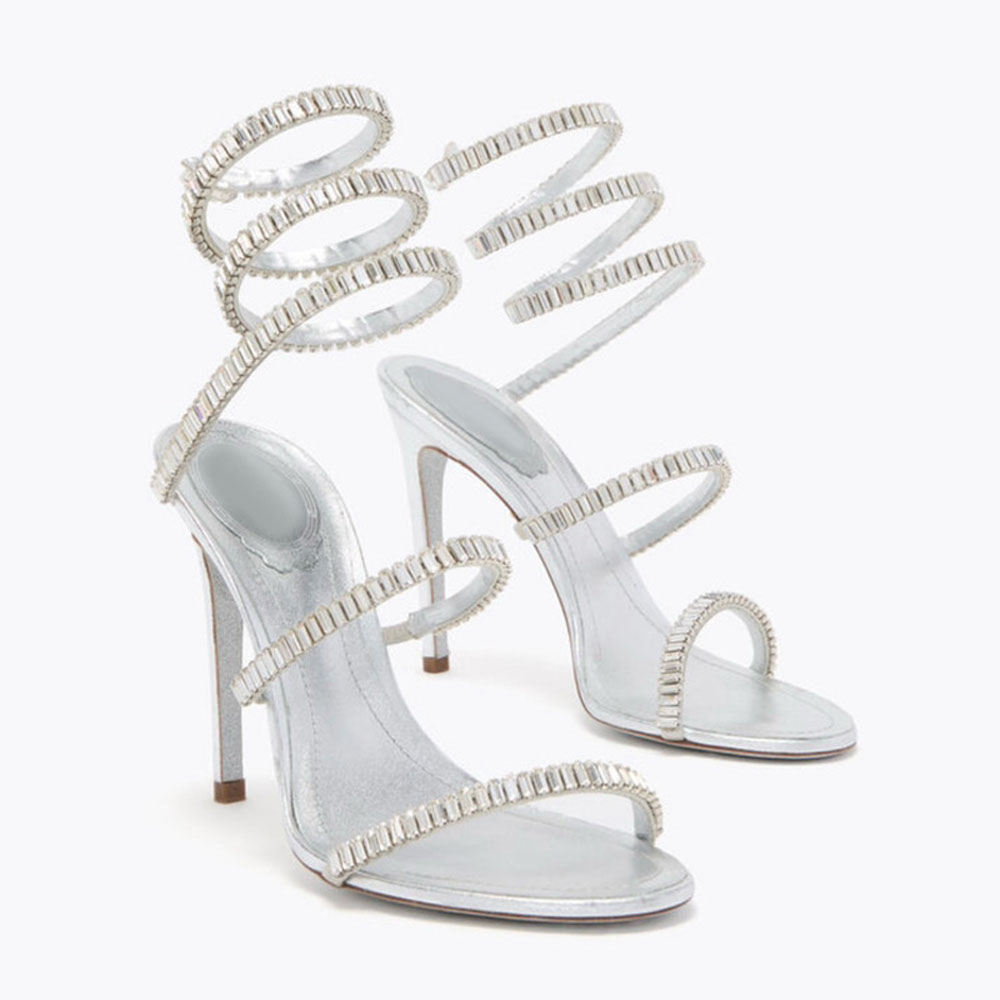 New shiny elegant women wedding shoes Evening shoes Crystal Embellished Spiral Leather Sandals Luxury designer women stiletto heel rhineston shoes 3